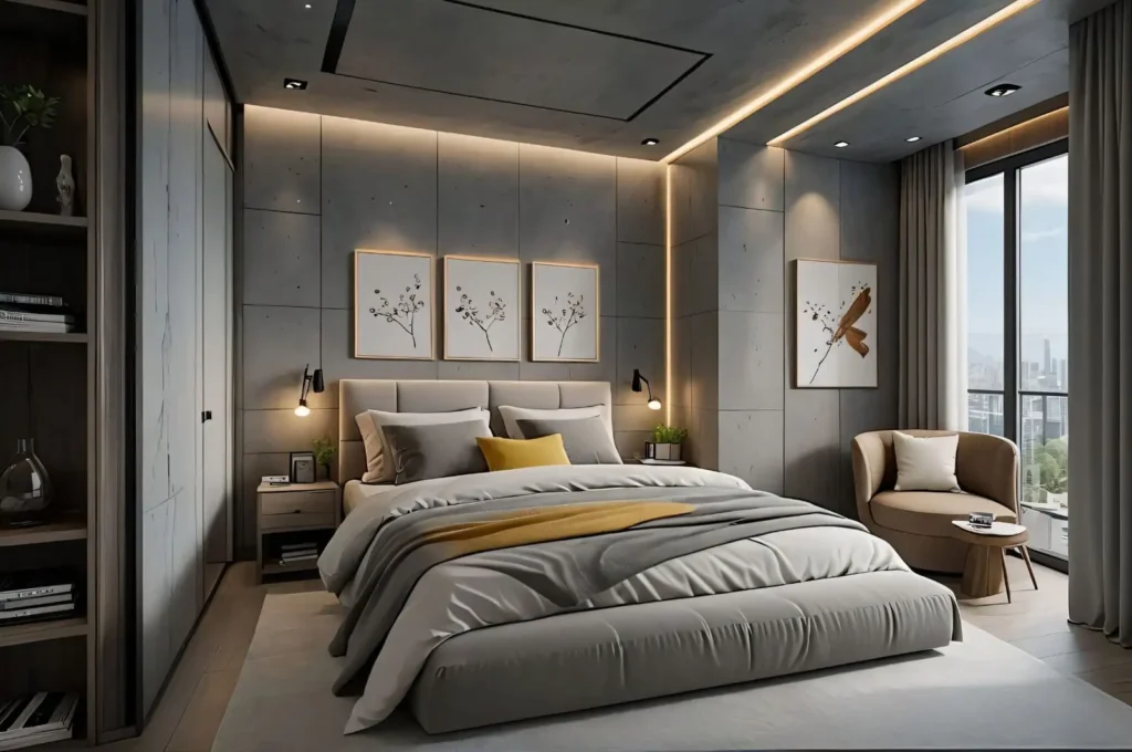 dormitor matrimonial luminos amenajat de designer interior din Iasi