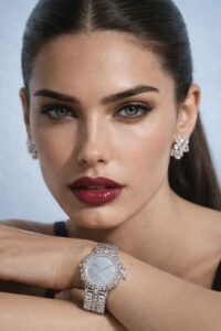 Nadine într-un close-up beauty de lux, cu un ceas cu diamante sprijinit pe braț, pe fundal albastru pal.