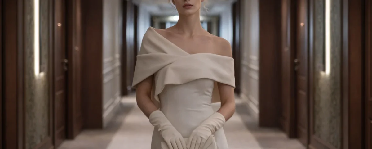 Wanda (Ruwana Studio) în hol de hotel, rochie elegantă, profunzime de câmp și compoziție cinematică