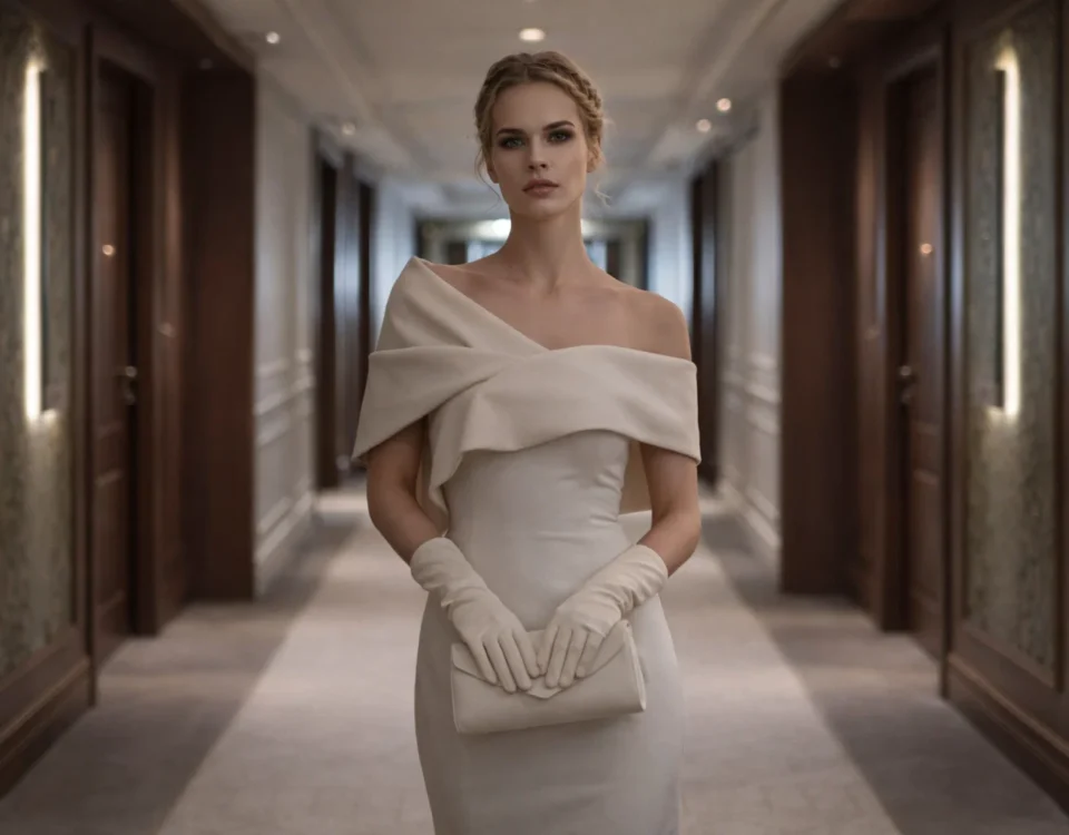 Wanda (Ruwana Studio) în hol de hotel, rochie elegantă, profunzime de câmp și compoziție cinematică