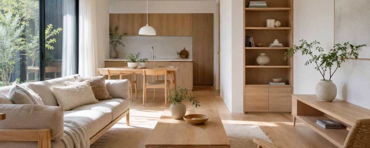 Living luminos cu mobilier din lemn deschis, plante și design interior minimalist