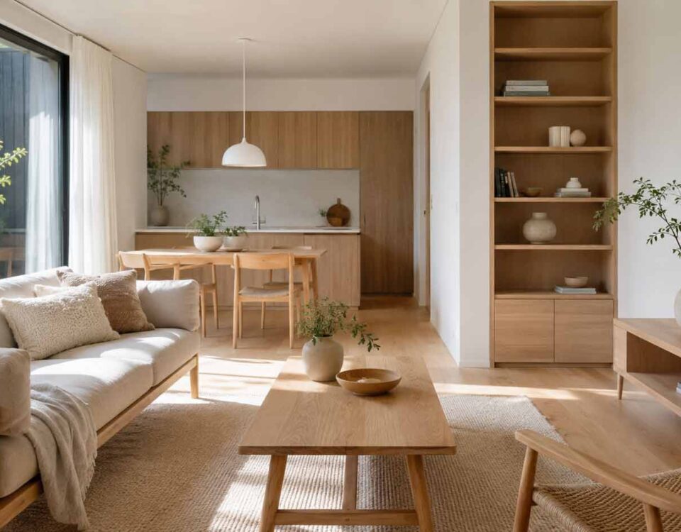 Living luminos cu mobilier din lemn deschis, plante și design interior minimalist