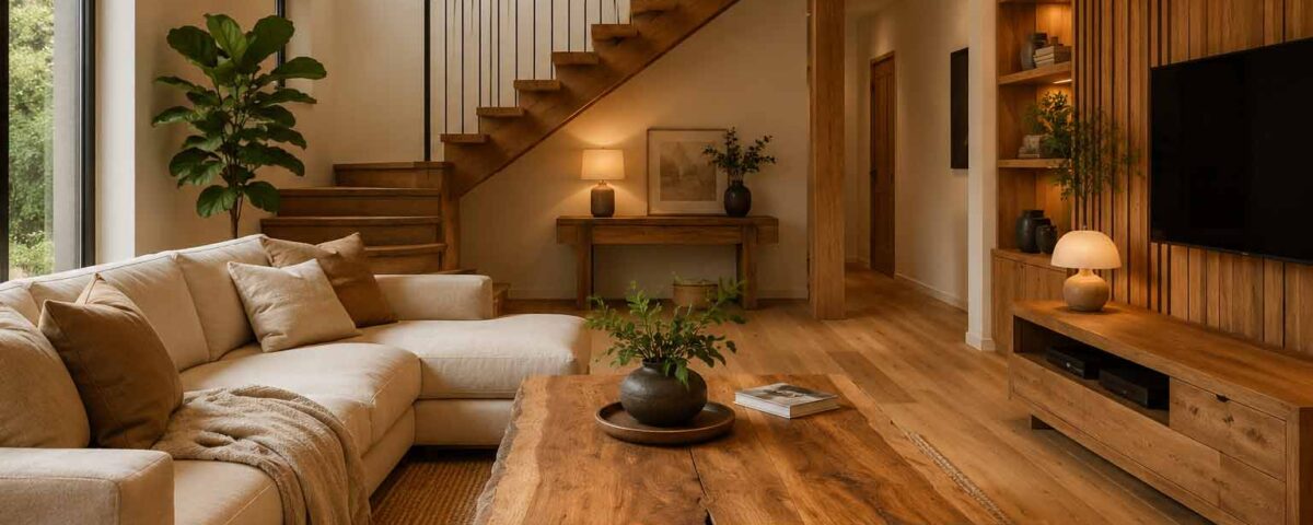 Living cald cu lemn natural, scară interioară și mobilier din lemn