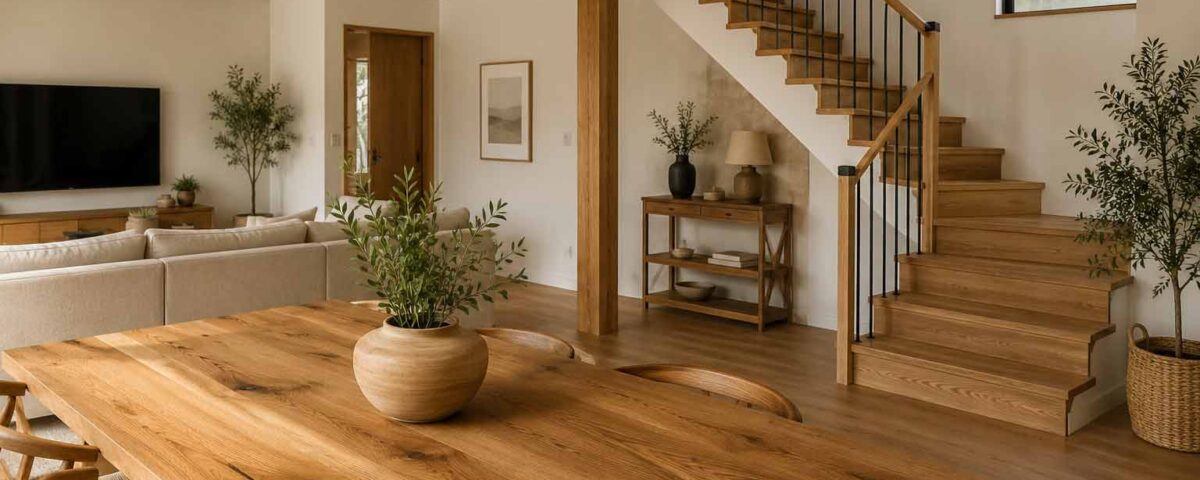 Interior cald cu lemn natural și mobilier cu aspect live edge
